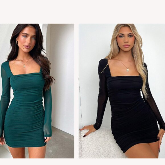 🔥 Y2K Long Sleeve Black Mesh Sheer Square Neck Ruched Bodycon Holiday Mini Dres - Picture 7 of 9